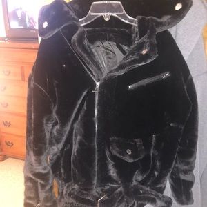 faux fur bomber jacket with laces